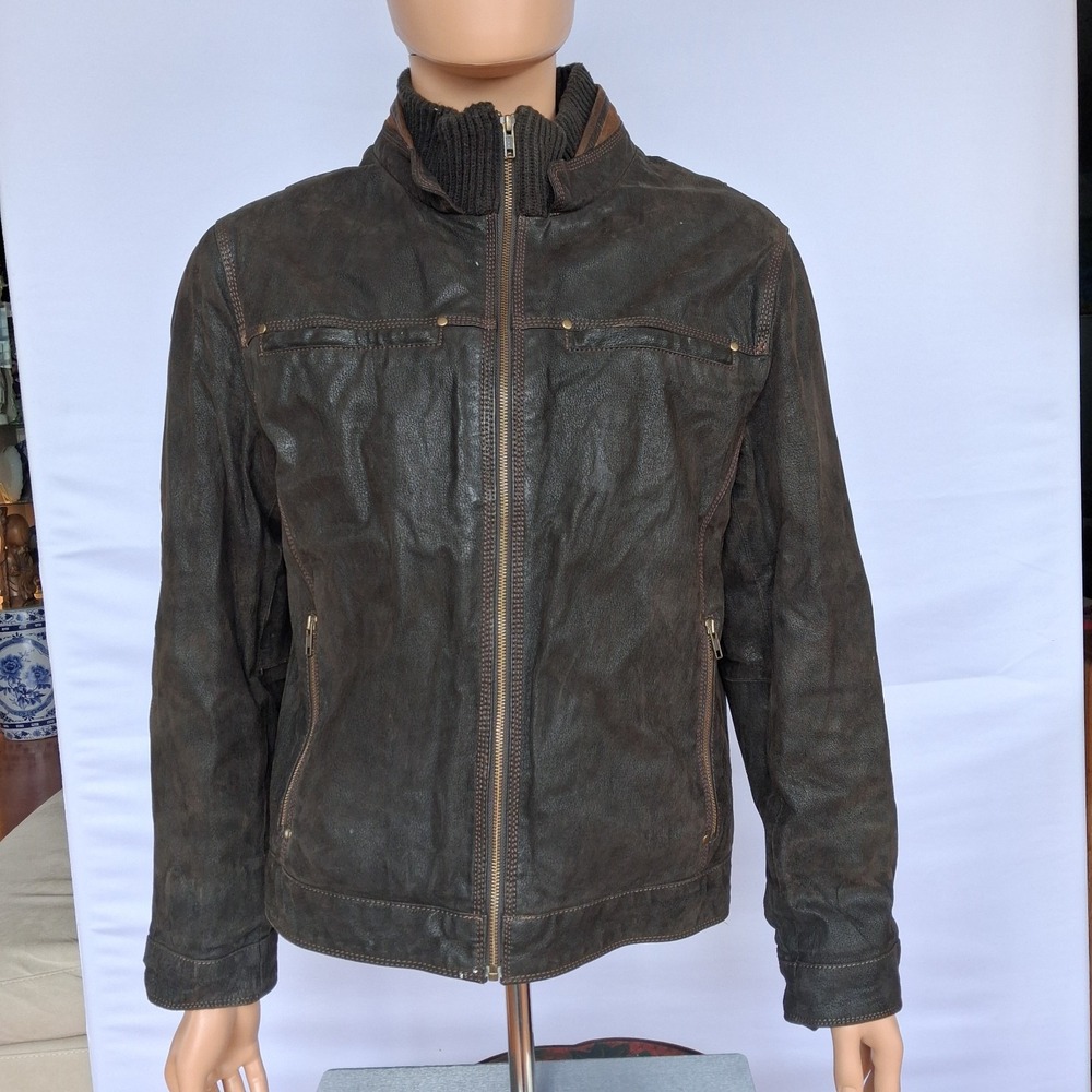 Danier men's a dark brown leather jacket Size: M with a high ribbed collar